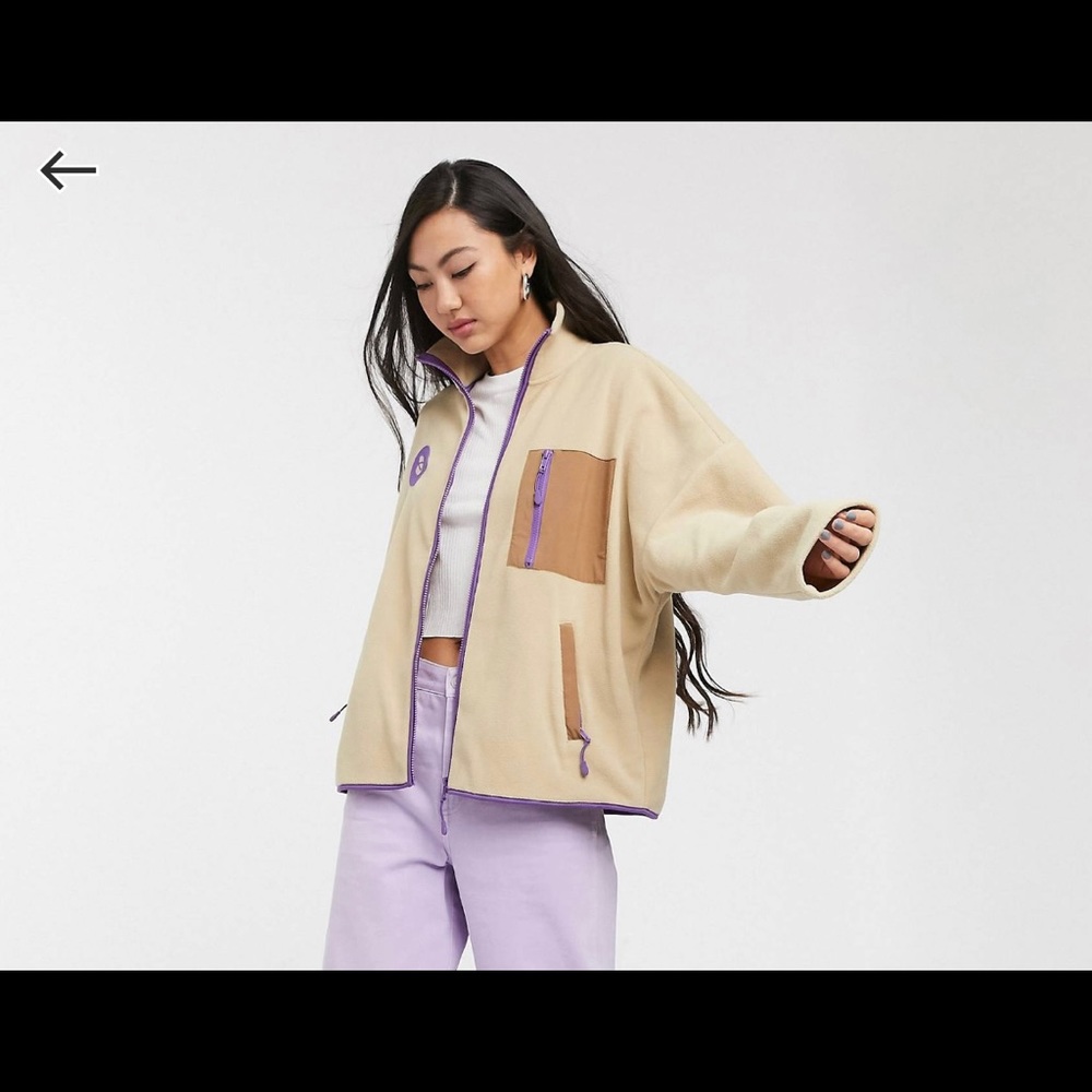 ASOS Monki polyester zip through fleece in tan and purple (size 2)